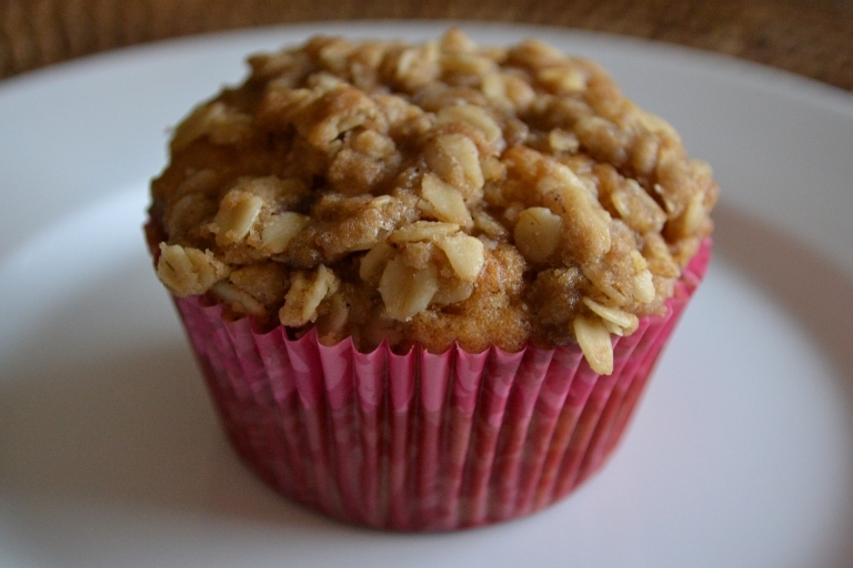 Crispy oatmeal muffin with brown sugar and nuts, pink cupcake liner, dessert, baked goods, sweet breakfast, Stuck On Sweet.