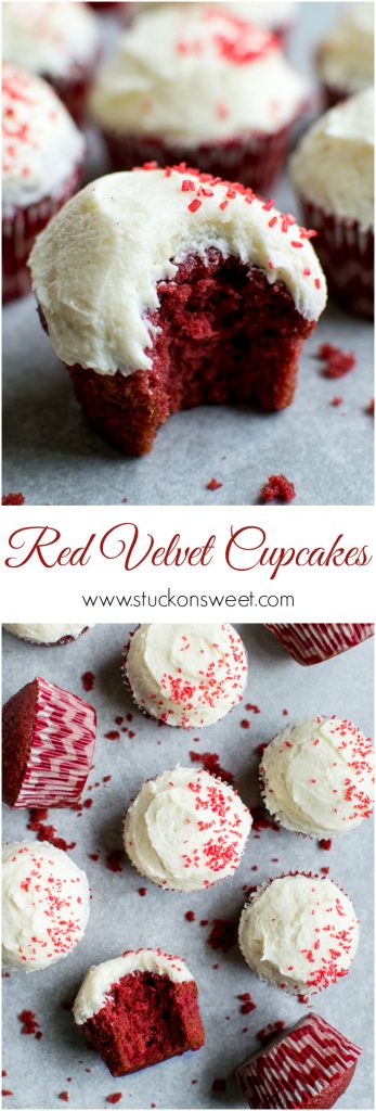 Rich red velvet cupcake with cream cheese frosting and red sprinkles, perfect for Valentine’s Day or special occasions. Delicious homemade Red Velvet Cupcakes from Stuck On Sweet.