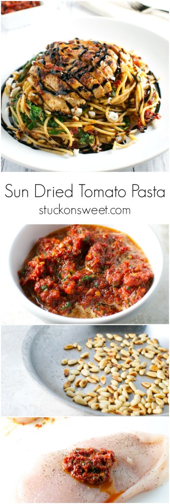 Sun dried tomato pasta with fresh herbs and grilled chicken, served on a white plate.
