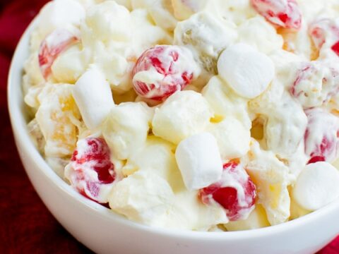 Fruit Fluff in white bowl with red napkin