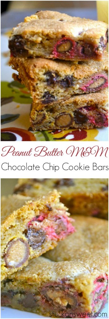Peanut Butter m&m Chocolate Chip Cookie Bars | stuckonsweet.com