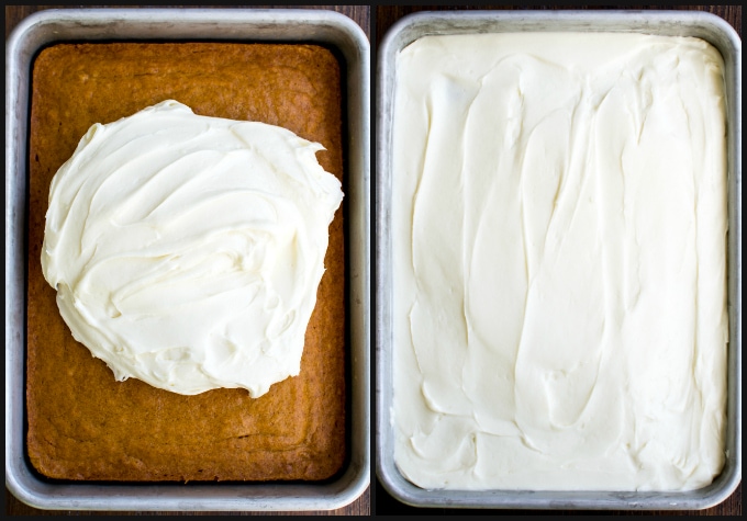 pumpkin bars with cream cheese frosting in baking pans, ready for decoration or serving.