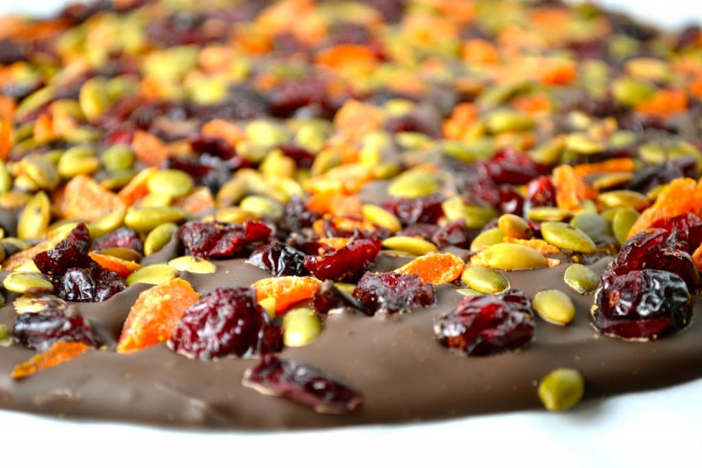 Rich milk chocolate bar topped with dried cranberries, orange zest, and pumpkin seeds for a gourmet sweet treat. Perfect for holiday desserts, chocolate lovers, and festive snacking.