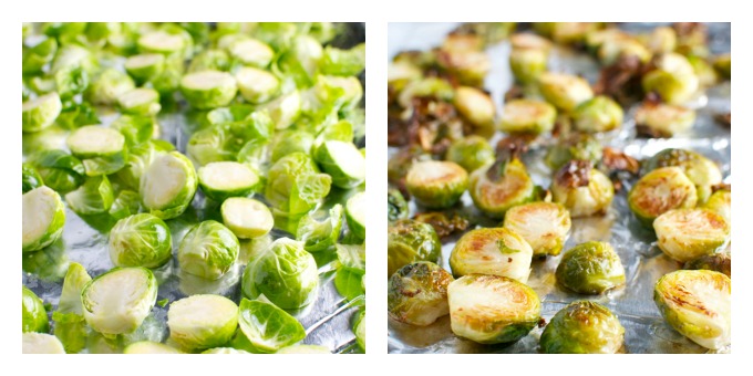 Brussels sprouts roasting on a baking sheet, highlighting fresh and cooked vegetables.