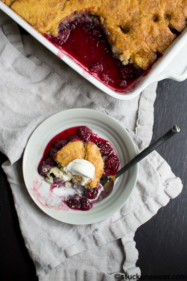Buttermilk Cherry Cobbler with Fresh Fruit and Vanilla Ice Cream.