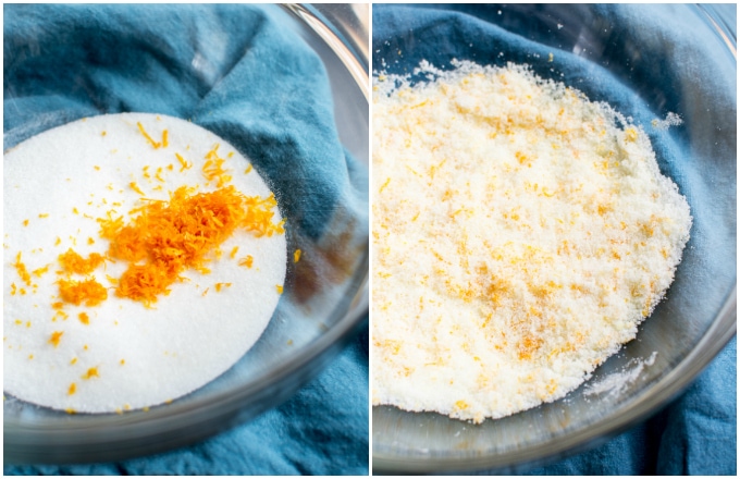 Lemon sugar mixture with grated lemon zest in a glass bowl for baking or dessert recipes.