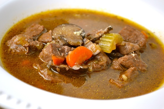 Savory beef stew with carrots and celery in a white bowl, hearty comfort food perfect for cold weather.