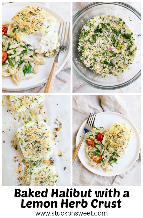 Baked halibut with lemon herb crust served over pasta with cherry tomatoes and greens, showcasing a flavorful seafood dish perfect for healthy family meals.