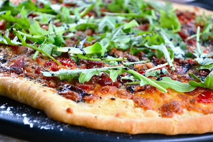 Pizza with Roasted Red Peppers and Arugula