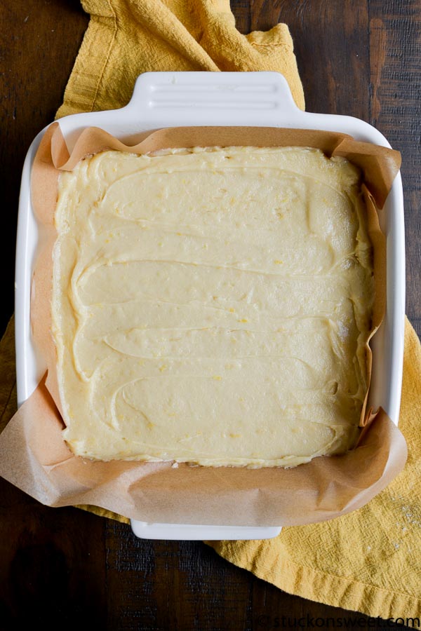 lemon brownies in a pan before baked.