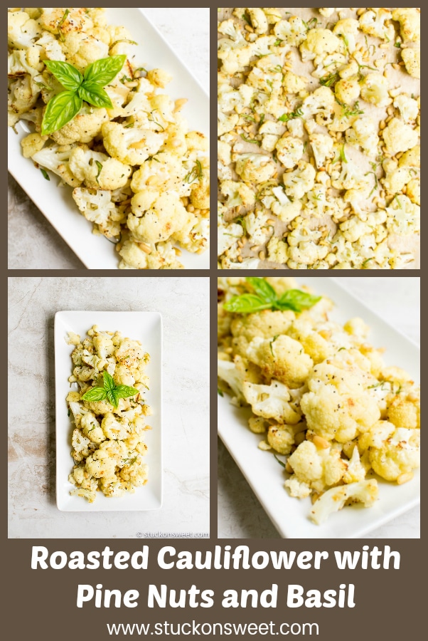 Cauliflower roasted with pine nuts and basil, healthy and flavorful vegetable side dish, perfect for gluten-free and low-carb diets. Delicious roasted cauliflower recipe.