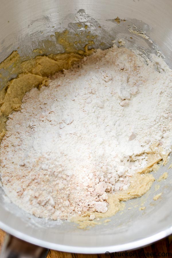 Softened butter, powdered sugar, and flour in a mixing bowl, ready for cookie dough preparation.