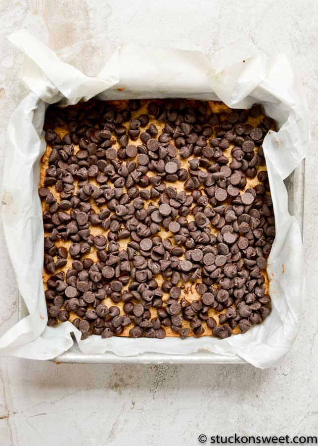 Rich chocolate chip cookie bar with a golden-brown crust, topped generously with semi-sweet mini chocolate chips, ready to bake or serve as delicious homemade dessert.