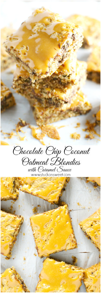 Chocolate Chip Coconut Oatmeal Blondies with Caramel Sauce | www.stuckonsweet.com