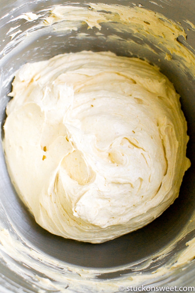 Fluffy, creamy cake batter in a mixing bowl ready for baking or decorating. Perfect for homemade cake recipes, frosting, and sweet treats from Stuck On Sweet.