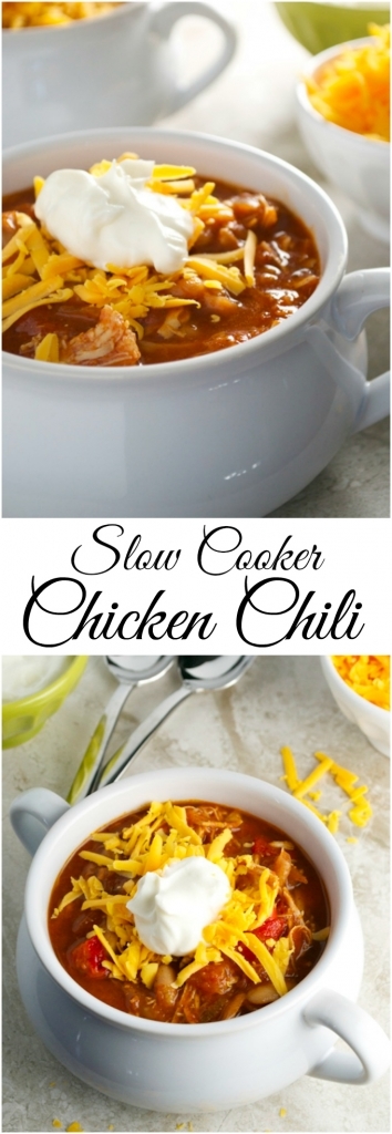 Slow Cooker Chicken Chili is the perfect weeknight meal. It's an easy recipe, healthy and delicious! Recipe at stuckonsweet.com