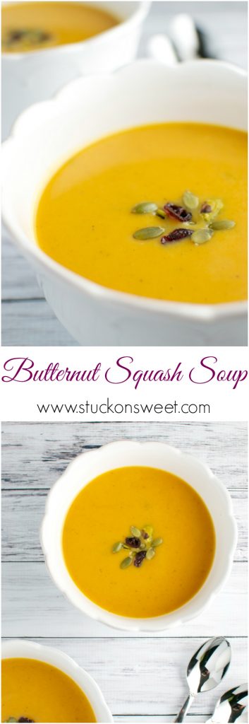 Creamy butternut squash soup served in elegant white bowls with pumpkin seeds and dried cranberries, perfect for fall recipes and cozy comfort food.