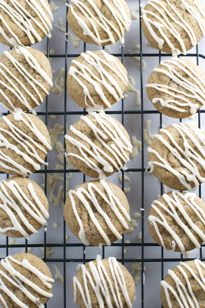 Chewy Ginger Molasses Cookies with mocha drizzle on a baking rack, homemade sweet treats perfect for desserts or snacking.