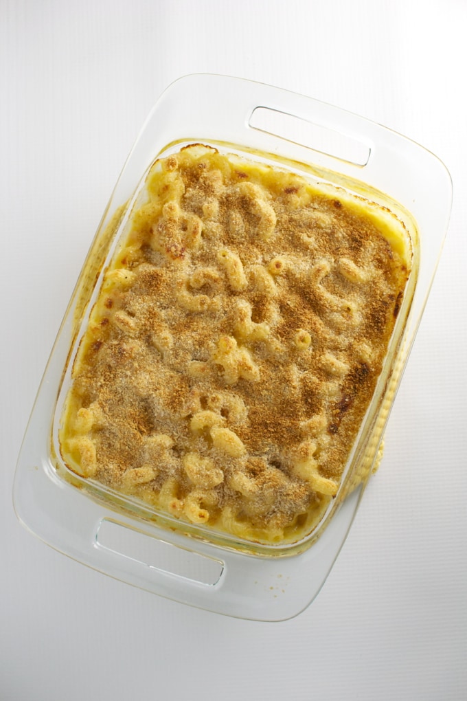 Creamy macaroni and cheese with golden breadcrumb topping in a glass baking dish.
