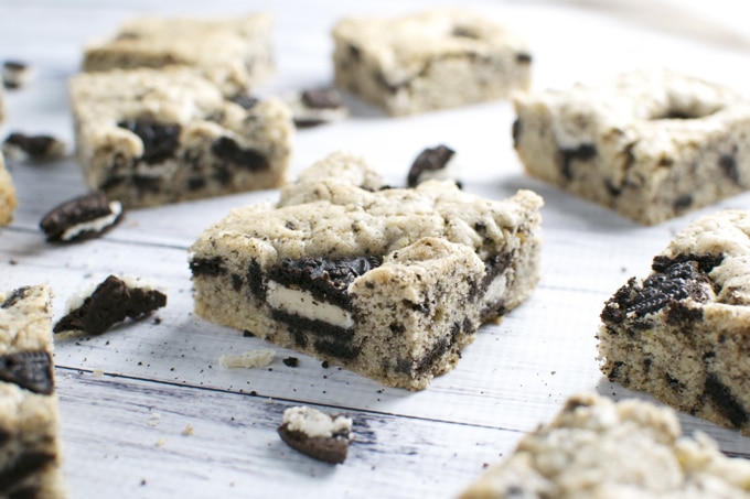 Rich Oreo cookie bar with creamy filling and chocolate cookie chunks, perfect for indulgent sweet treats.