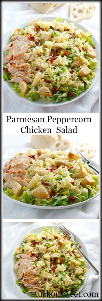 Parmesan Peppercorn Chicken Salad. This salad is packed full of delicous ingredients like sun dried tomatoes, romano cheese, homemade croutons and pasta! | stuckonsweet.com