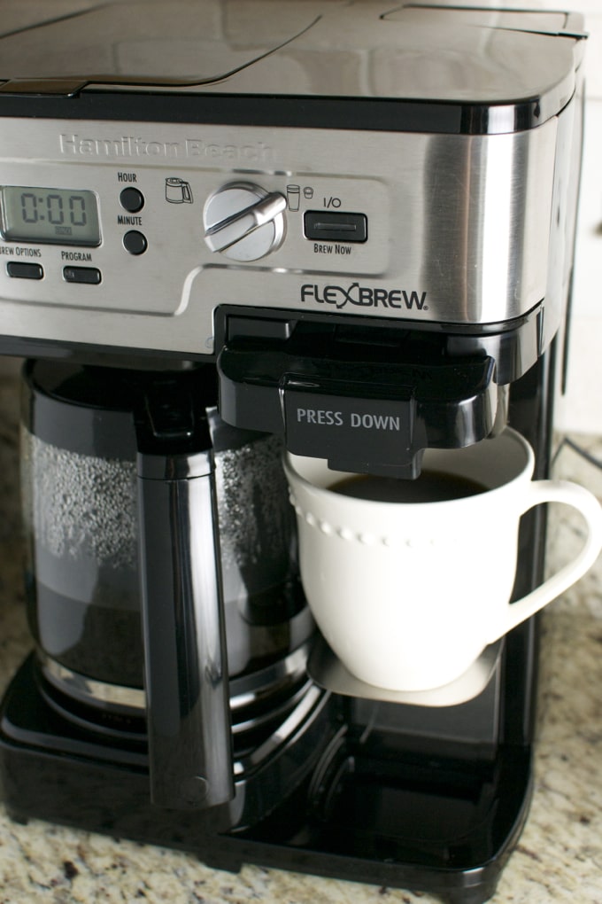 Brew coffee with Hamilton Beach FlexBrew coffee maker, a convenient home brewing appliance for specialty coffee drinks.
