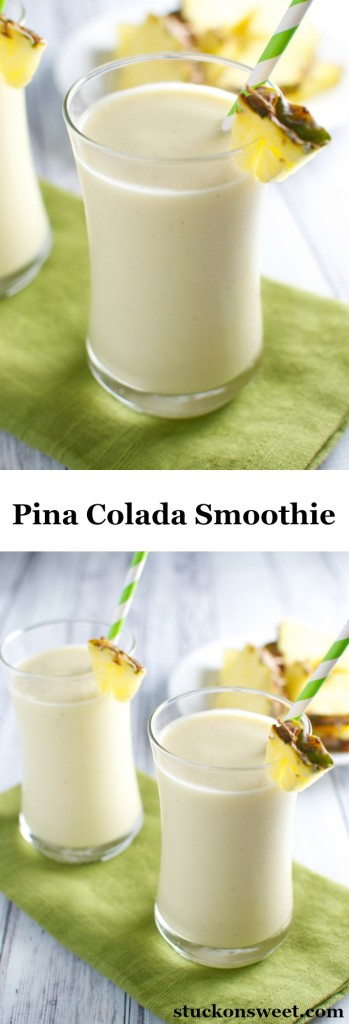 Creamy pineapple colada smoothie with pineapple garnish and striped straw, perfect for tropical drinks.