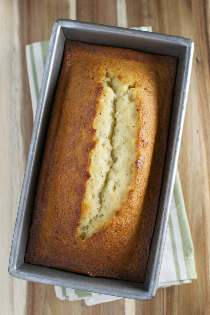 Golden vanilla pound cake fresh out of the pan, with a cracked top revealing moist, tender crumb. Perfect for dessert or tea time, this homemade bakery-style cake is a sweet treat.