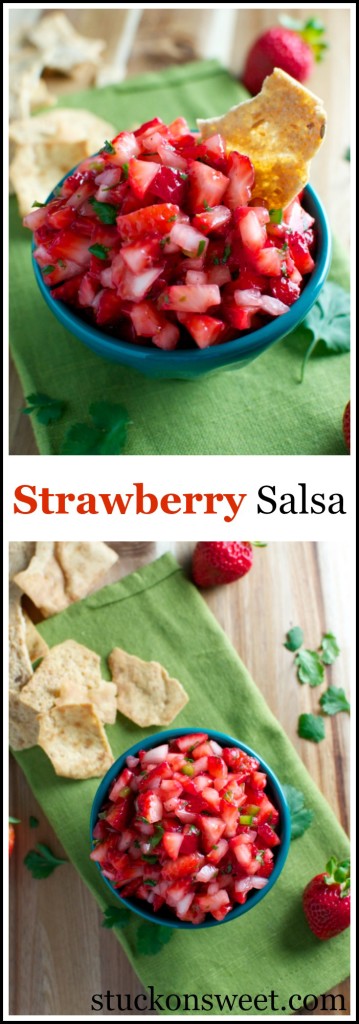 Fresh strawberry salsa with chopped strawberries, onions, and herbs in a blue bowl, served with tortilla chips for a delicious snack or appetizer. Perfect for summer parties and outdoor gatherings.