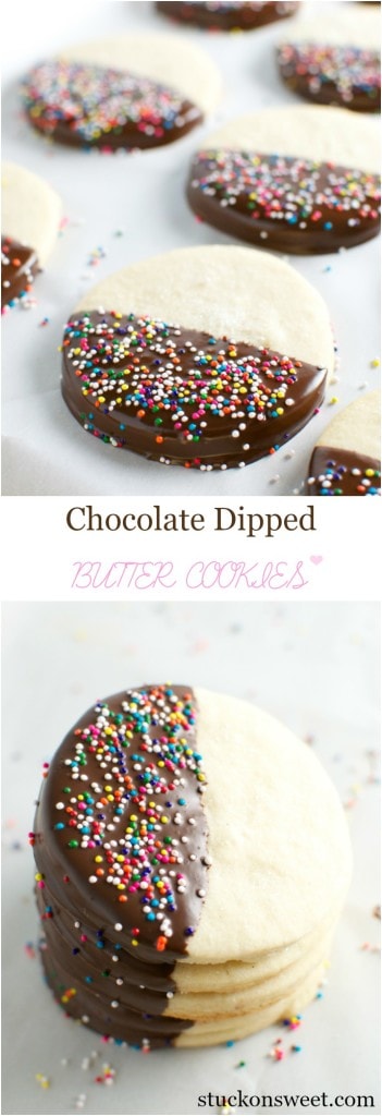 Candied chocolate-dipped butter cookies with colorful sprinkles, perfect for sweet treats or party favors.