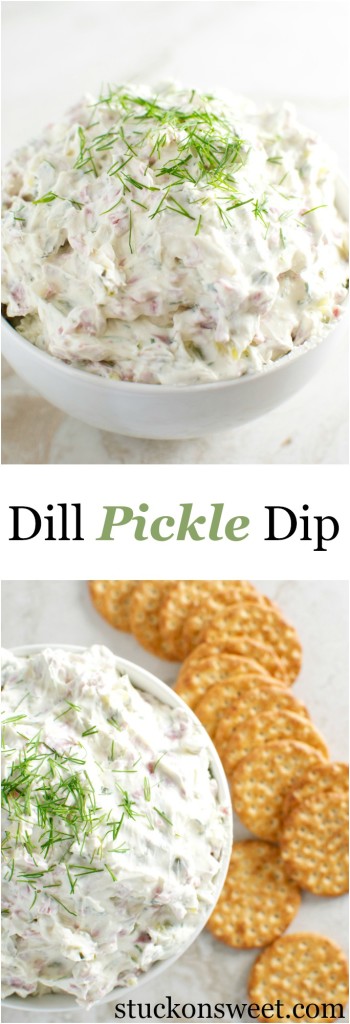 Creamy dill pickle dip with fresh herbs garnished on top, served alongside crispy crackers, perfect for dipping and snacking. A delicious appetizer or party dish.