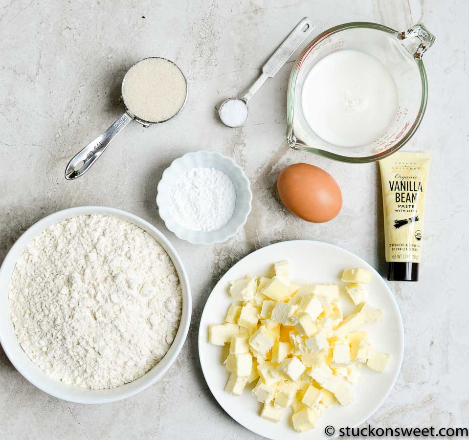 vanilla scone ingredients on white background