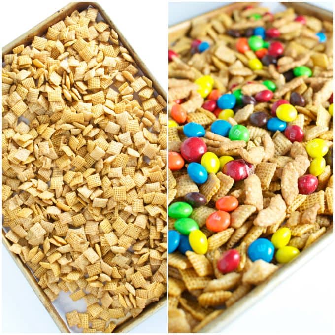Crushed Goldfish crackers and colorful M&M candies in a snack mix bowl.