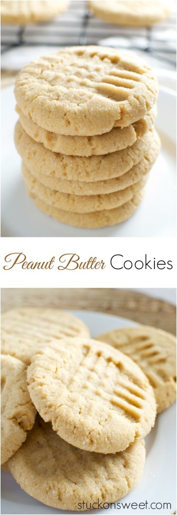 Butter cookies with peanut butter flavor stacked and arranged on a white plate in close-up shot.