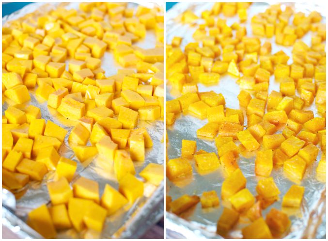 Freshly diced butternut squash on baking sheets for roasted squash recipes.