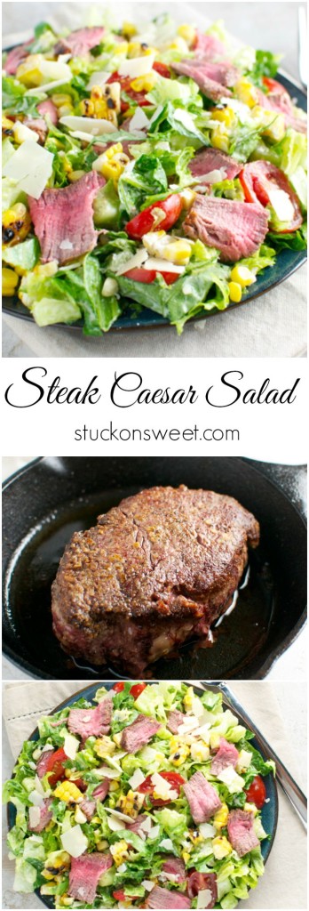 Fresh steak Caesar salad with mixed greens, cherry tomatoes, corn, and sliced steak on a black plate for a hearty and flavorful meal.
