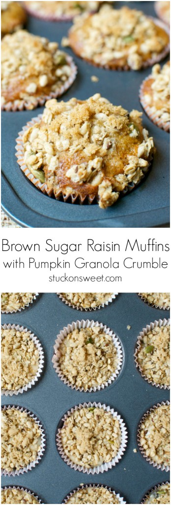 Brown Sugar Raisin Muffins with Pumpkin Granola Crumble | stuckonsweet.com