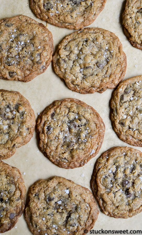 Golden chocolate chip cookies with sea salt sprinkled on top, fresh out of the oven, perfect for snacking or sharing, showcasing homemade baking delights.