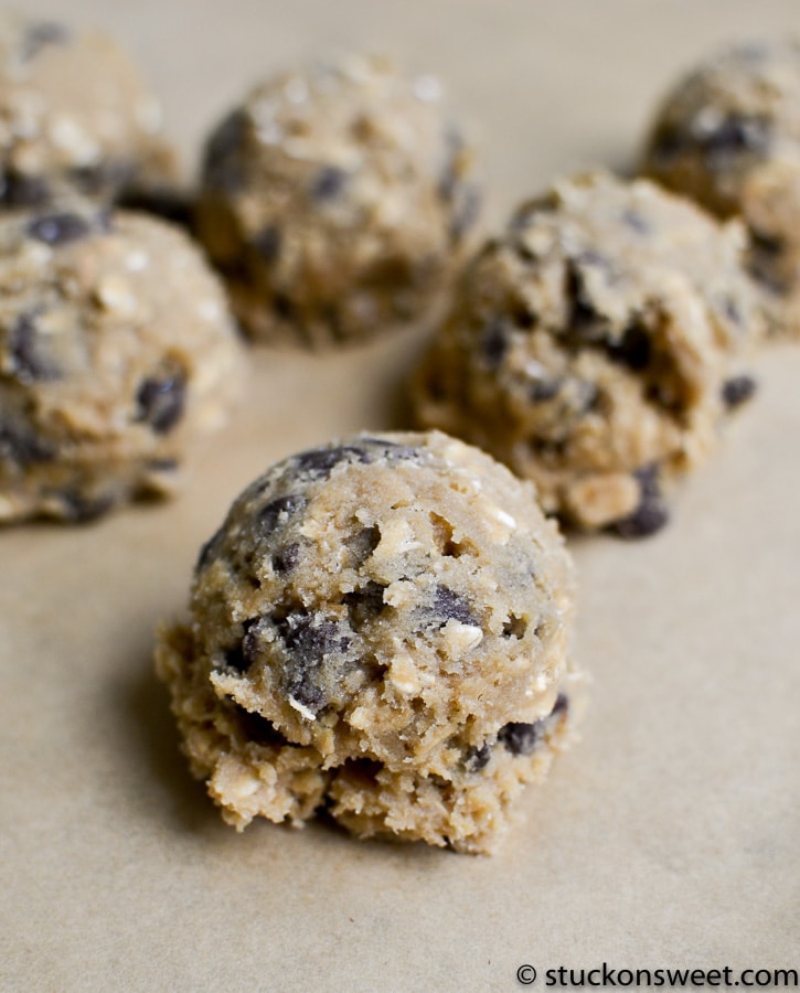 Rich chocolate chip cookie dough bites, perfect for snacking or dessert. Made with fresh ingredients and loaded with chocolate chips for a sweet treat.