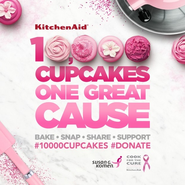 Pink cupcake decorated with flowers and swirls, promoting Bake, Snap, Share, Support for Susan G. Komen and Cook for the Cure breast cancer awareness.