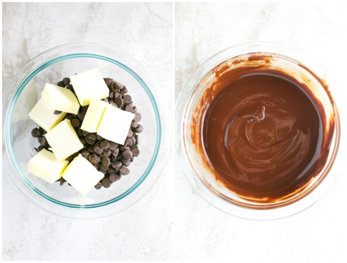 Cream cheese and chocolate chips in a glass bowl, melting chocolate on the right for dessert decorations or fillings. Perfect for making homemade sweet treats like chocolate truffles or frosting.