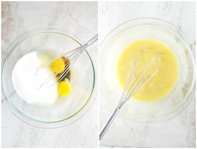 Cream and eggs in a mixing bowl, whisking for cake batter preparation.