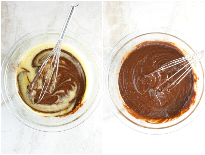 Velvety chocolate and vanilla batter being mixed in glass bowls, perfect for baking or dessert prep.