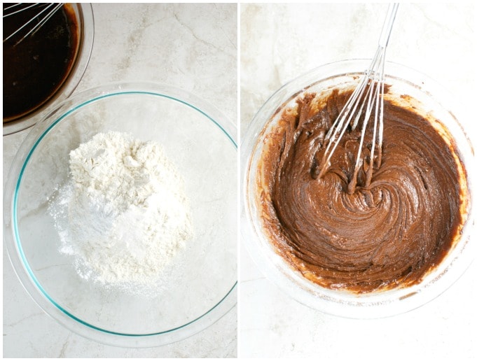 Flour and chocolate mixture for baking, whisking preparation in a clear glass bowl.