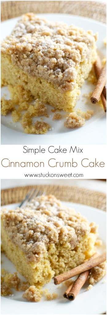 Butter cake with cinnamon crumb topping on a white plate with cinnamon sticks and crumbs, close-up view, delicious homemade cinnamon crumb cake, moist cake with crumb topping, fall dessert, easy cake recipe, sweet bakery treat, Stuck On Sweet.