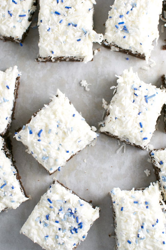 Fudge Brownies with Coconut Buttercream Frosting | stuckonsweet.com