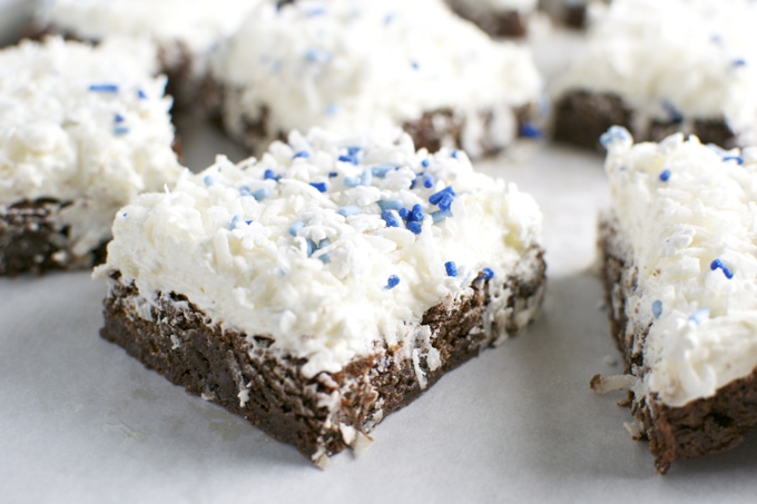 Fudge Brownies with Coconut Buttercream Frosting | stuckonsweet.com