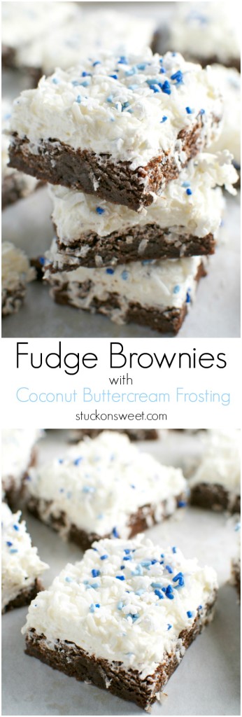 Creamy fudge brownies with coconut buttercream frosting topped with blue sprinkles, perfect for decadent dessert lovers.