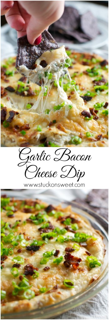 Cream cheese dip with garlic, bacon, and green onions served in a glass baking dish, perfect for appetizers and party snacks.