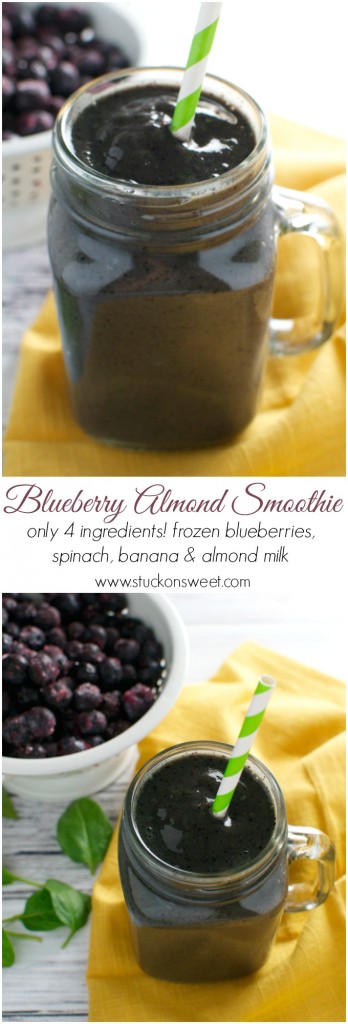 Rich blueberry almond smoothie with frozen blueberries, spinach, banana, and almond milk in a mason jar with green striped straw.